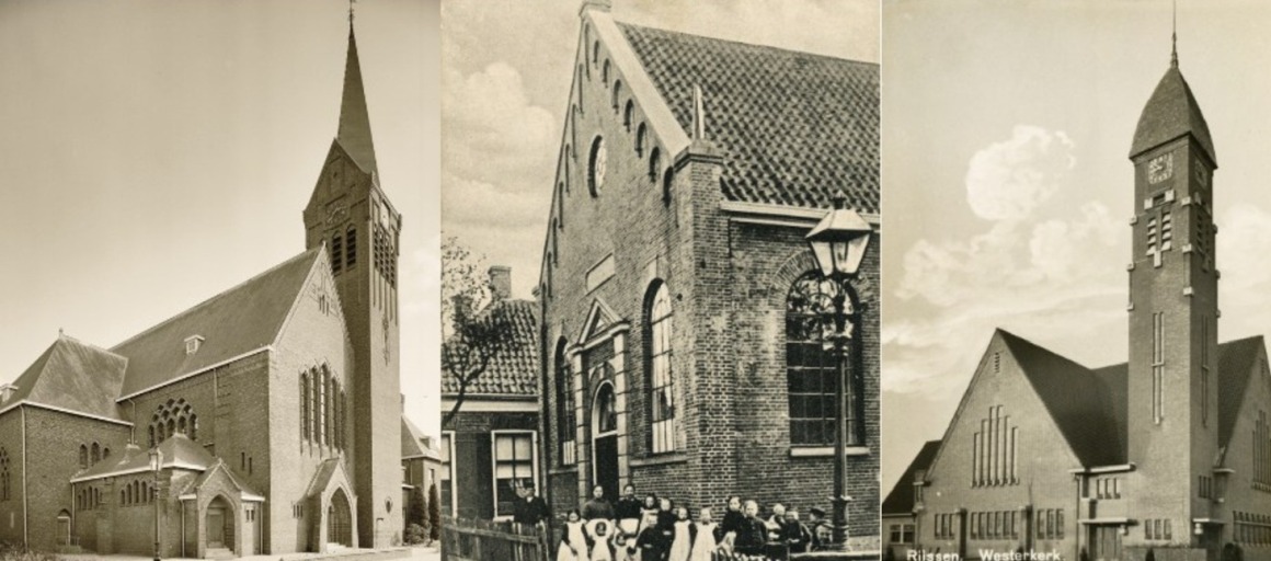Drie oude zwart-witfoto's van Nederlandse kerken met karakteristieke torens en architectuur.