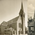 Drie oude zwart-witfoto's van Nederlandse kerken met karakteristieke torens en architectuur.