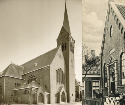 Drie oude zwart-witfoto's van Nederlandse kerken met karakteristieke torens en architectuur.