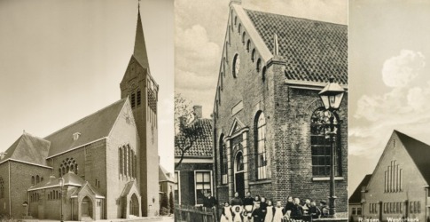 Drie oude zwart-witfoto's van Nederlandse kerken met karakteristieke torens en architectuur.
