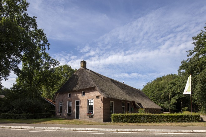 Traditionele boerderij met rieten dak aan een rustige weg, omringd door bomen en een heldere lucht.