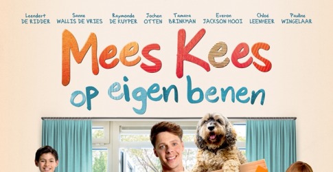 Filmposter van 'Mees Kees op eigen benen' met vrolijke personages, verhuisdozen en een hond op een doos.