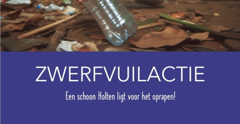Persoon raapt zwerfafval op in een bos tijdens een opruimactie, met tekst: Zwerfvuilactie.