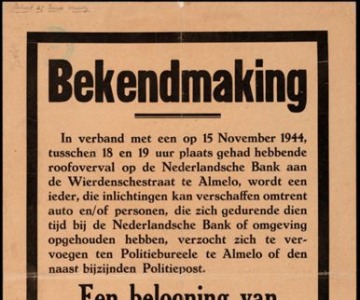 Bekendmaking uit 1944 over een beloning van één miljoen gulden voor informatie na een bankoverval.