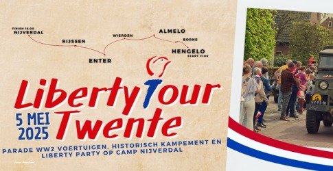 Poster voor Liberty Tour Twente 2025 met afgebeelde WWII voertuigen en route tussen Twentse steden.