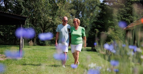 Twee oudere volwassenen wandelen samen door een groene tuin met paarse bloemen op een zonnige dag.