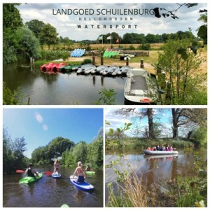 Kinderen varen en peddelen op een rustige rivier bij Landgoed Schuilenburg Hellendoorn Watersport.