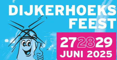 Promotieposter voor het Dijkerhoeks Feest op 27, 28 en 29 juni 2025 met een lachende molen mascotte.