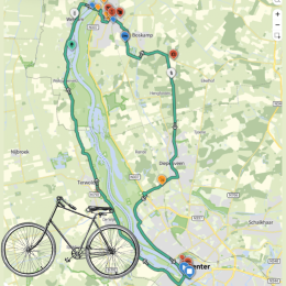 Fietsroutekaart langs plaatsen als Diepenveen, Terwolde en Boskamp, met een tekening van een fiets.