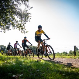 Groep fietsers rijdt op een zonnige dag over een landelijk pad, omringd door groen en veldhekken.
