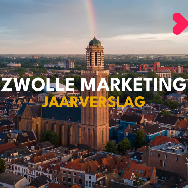 Luchtfoto van de stad Zwolle met een regenboog en kerk, tekst: Zwolle Marketing Jaarverslag.