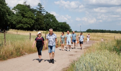 Groep mensen wandelt op een landelijk pad omringd door groene velden en bomen onder een bewolkte lucht.