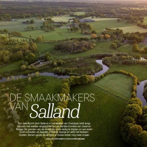 Luchtfoto van het groene, kronkelige landschap van Salland bij zonsondergang in Overijssel, Nederland.