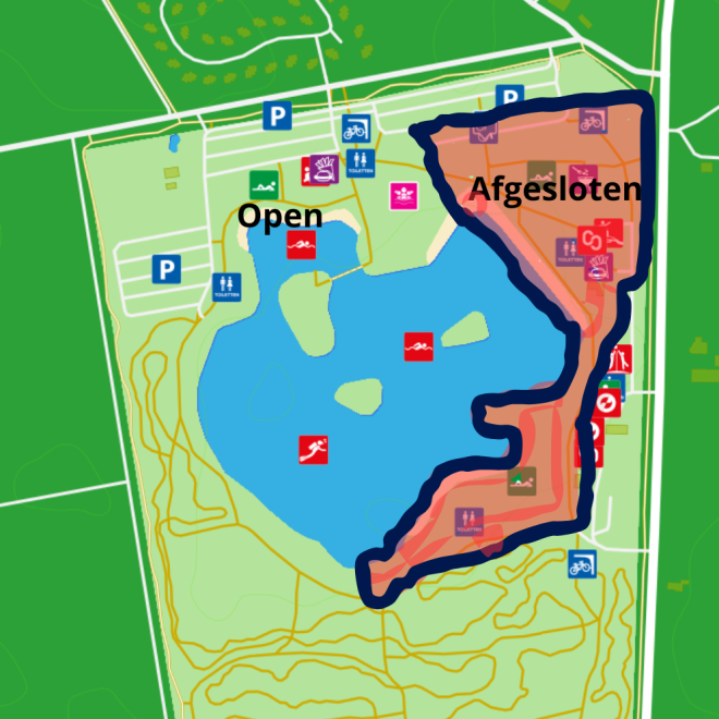 Kaart van een recreatiegebied met een gemarkeerd gesloten deel ('Afgesloten') en een open deel ('Open').