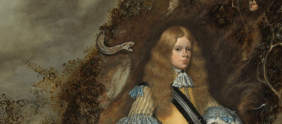 Schilderij van een jonge edelman met lang blond haar in formele kleding, omgeven door natuur en een hagedis.