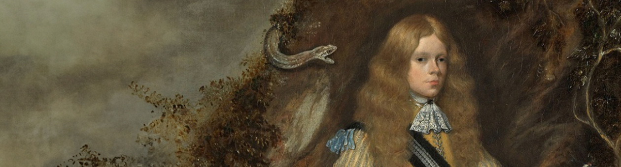 Schilderij van een jonge edelman met lang blond haar in formele kleding, omgeven door natuur en een hagedis.