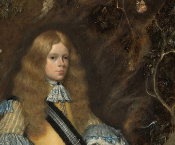 Schilderij van een jonge edelman met lang blond haar in formele kleding, omgeven door natuur en een hagedis.