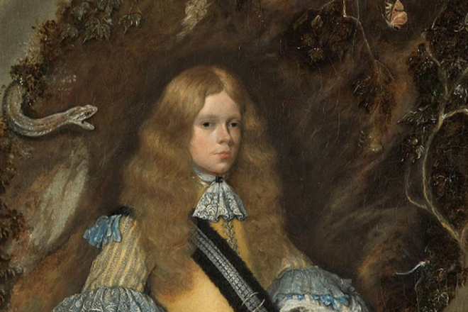 Schilderij van een jonge edelman met lang blond haar in formele kleding, omgeven door natuur en een hagedis.