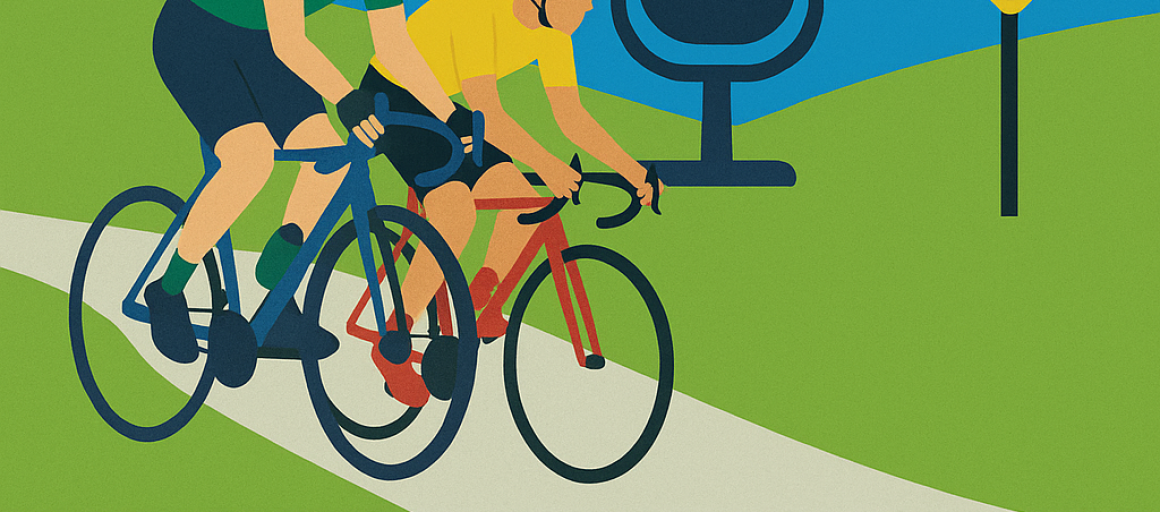 Illustratie van twee wielrenners op een pad, met tekst over Maison du Tour en evenementdetails in juli.