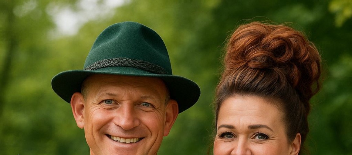 Man en vrouw in traditionele Beierse klederdracht poseren samen buiten; man houdt een saxofoon vast.