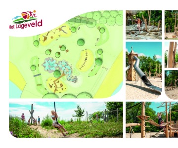 Schets en foto's van Het Lageveld speeltuin met speeltoestellen, glijbanen en kinderen die spelen.