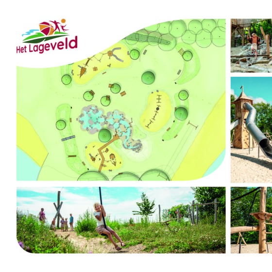 Schets en foto's van Het Lageveld speeltuin met speeltoestellen, glijbanen en kinderen die spelen.