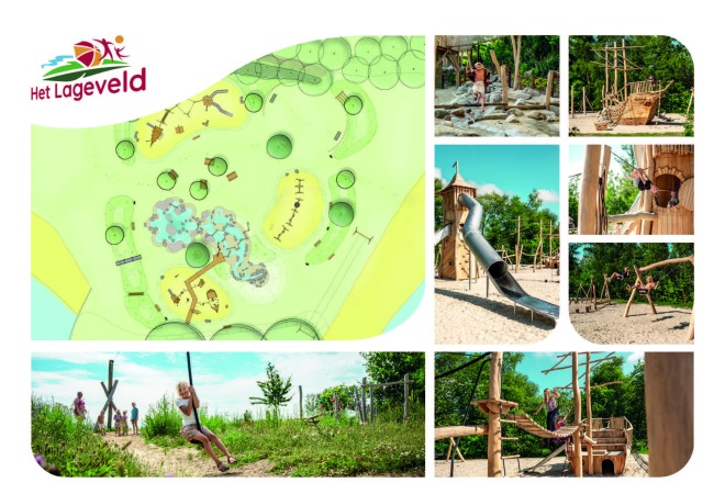 Schets en foto's van Het Lageveld speeltuin met speeltoestellen, glijbanen en kinderen die spelen.