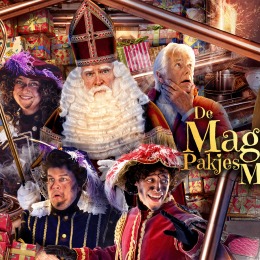 Affiche van 'De Magische Pakjes Machine' met Sinterklaas, Pieten en kleurrijke cadeau's op de achtergrond.