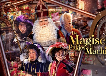 Affiche van 'De Magische Pakjes Machine' met Sinterklaas, Pieten en kleurrijke cadeau's op de achtergrond.