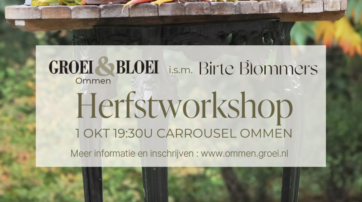 Tuinbenodigdheden en herfstbloemen op een tafel, promotieposter voor een herfstworkshop in Ommen.