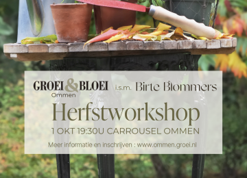 Gartenwerkzeuge und Herbstblumen auf einem Tisch, Werbeplakat für einen Herbstworkshop in Ommen.