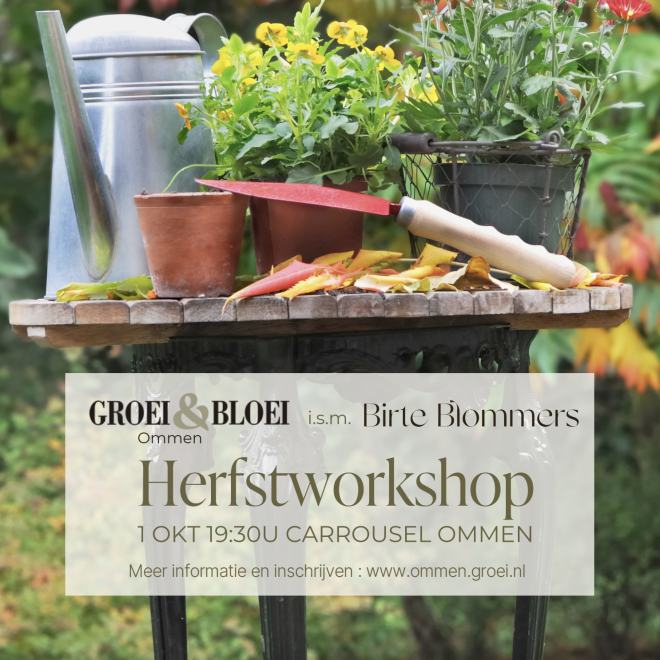 Tuinbenodigdheden en herfstbloemen op een tafel, promotieposter voor een herfstworkshop in Ommen.