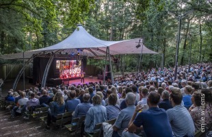 Outdoor theater in a forest with an audience watching a performer on stage under a large canopy tent.