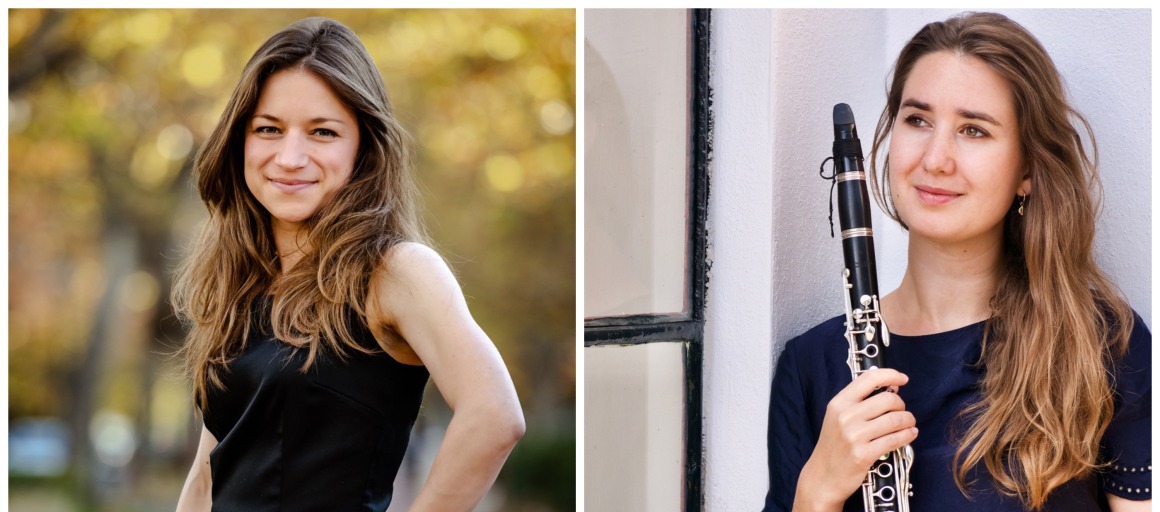 Collage van vier muzikanten, drie vrouwen en één man, elk met hun instrumenten in verschillende poses.