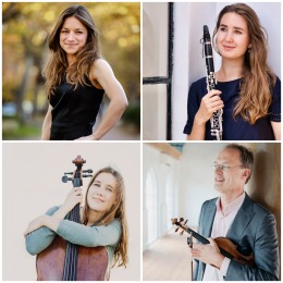 Collage van vier muzikanten, drie vrouwen en één man, elk met hun instrumenten in verschillende poses.