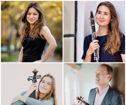 Collage van vier muzikanten, drie vrouwen en één man, elk met hun instrumenten in verschillende poses.