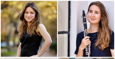 Collage van vier muzikanten, drie vrouwen en één man, elk met hun instrumenten in verschillende poses.