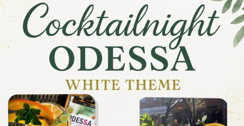 Promotie afbeelding voor Cocktailnight Odessa met als thema 'White', met kleurrijke cocktails in glazen.