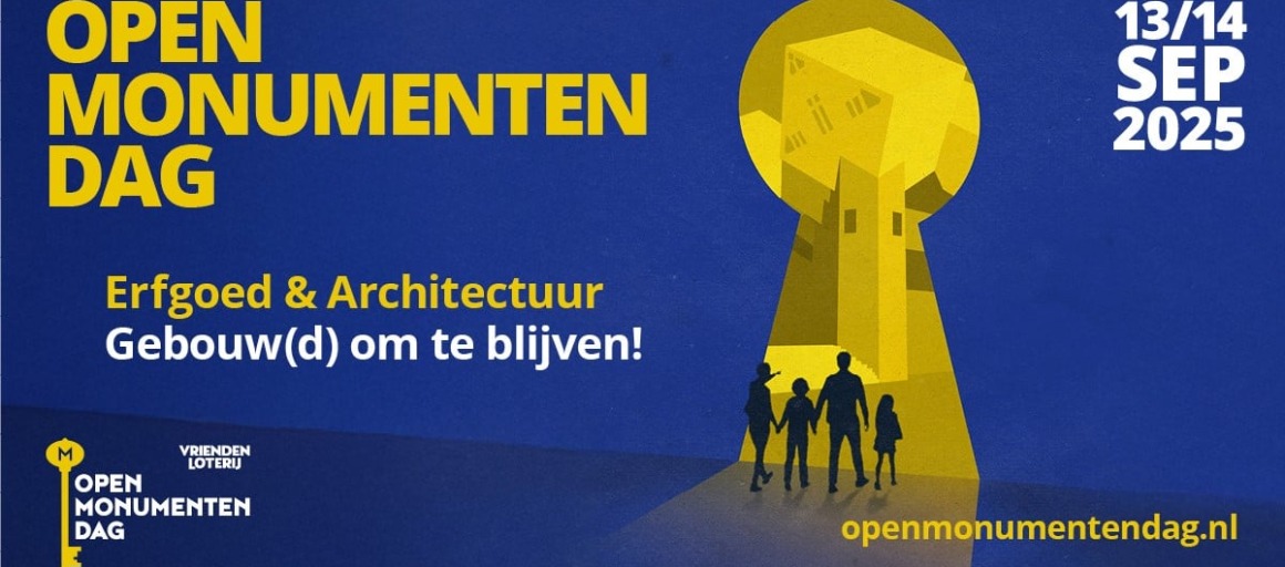 Poster voor Open Monumentendag 2025 op 13 en 14 september met gezin bij een sleutelgat en architectuur.