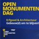 Poster voor Open Monumentendag 2025 op 13 en 14 september met gezin bij een sleutelgat en architectuur.