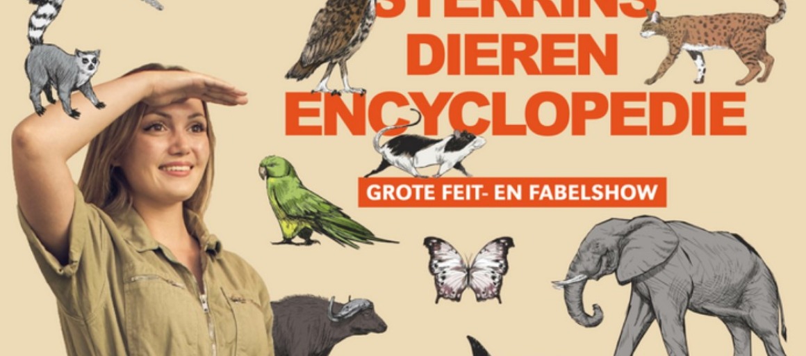 Vrouw in safari-outfit omringd door getekende dieren met tekst 'Sterrin's Dieren Encyclopedie' op achtergrond.