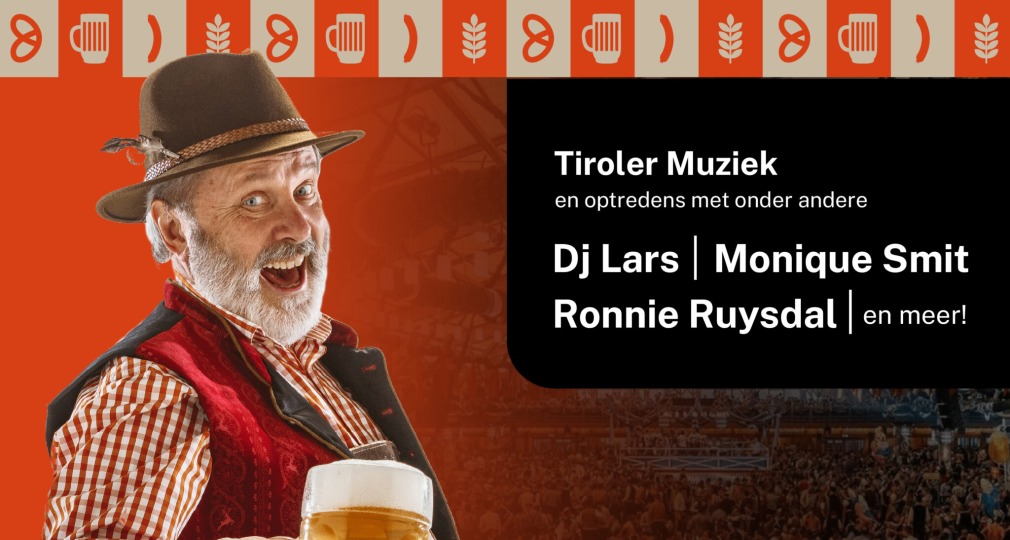 Affiche voor Oktoberfest in De Budde met een man in Tiroler outfit, grote bierpul en artiestenlijst.