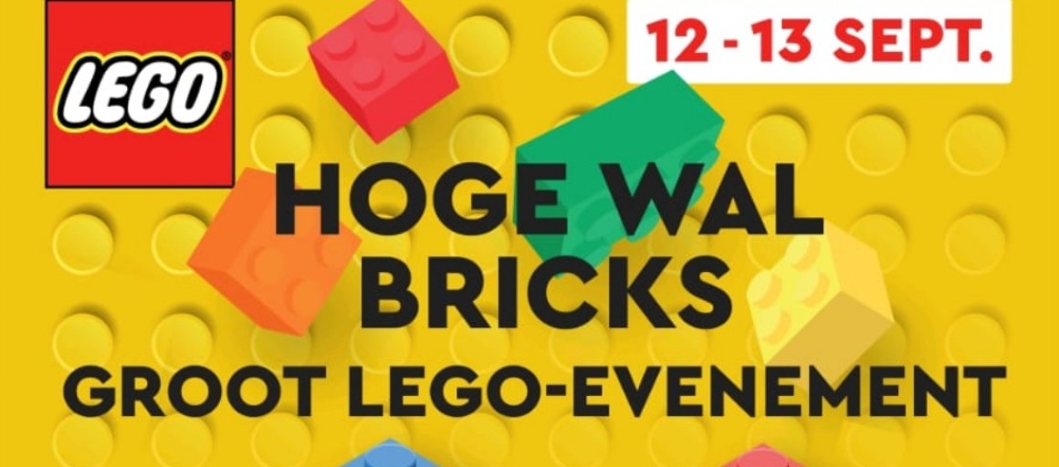 Promotieposter voor het Hoge Wal Bricks LEGO-evenement op 12-13 september met kleurrijke LEGOblokken.