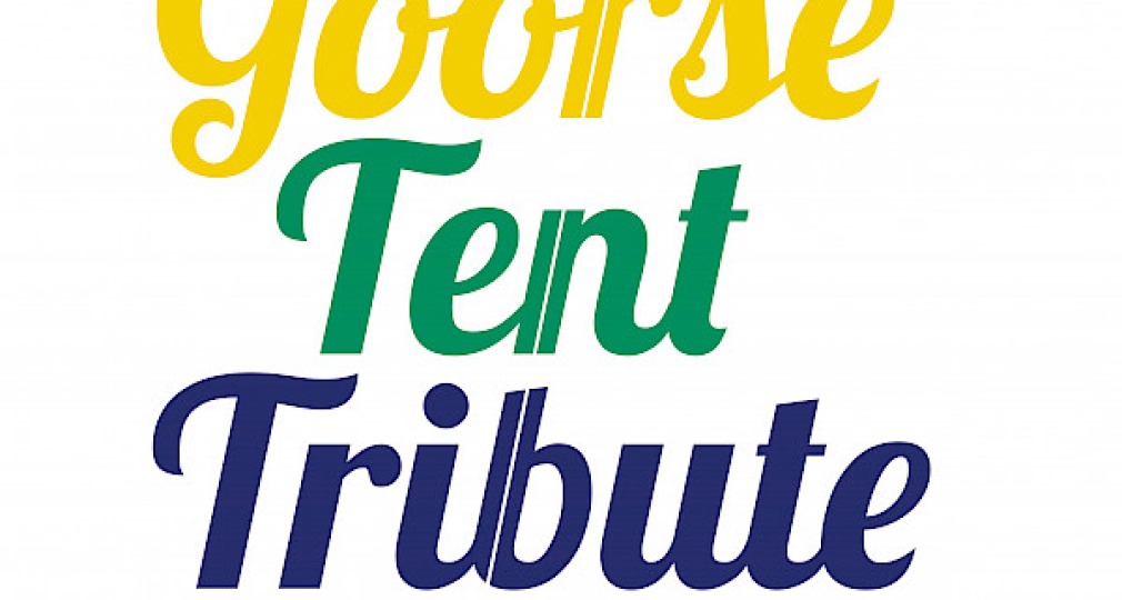 Logo van het Goors Tent Tribute evenement met kleurrijke tekst en de namen Apollo & Friends genoemd.