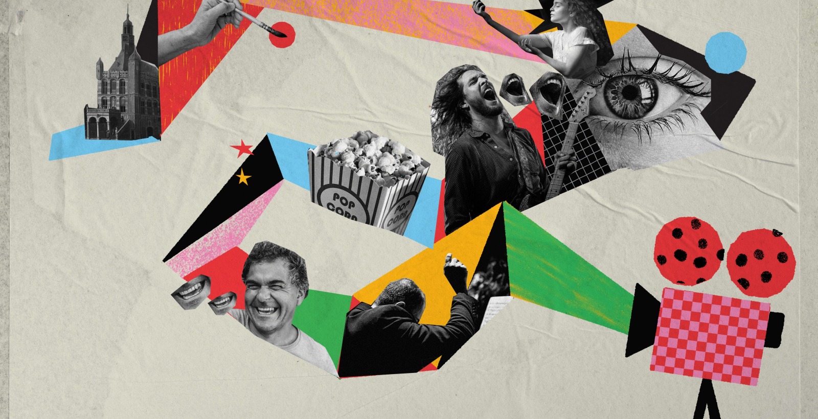 Collage van culturele iconen met kunst, muziek, architectuur, film, popcorn en kleuren op beige achtergrond.