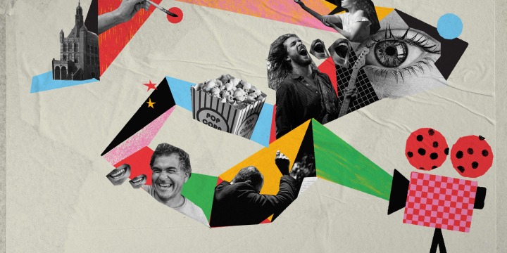 Collage van culturele iconen met kunst, muziek, architectuur, film, popcorn en kleuren op beige achtergrond.