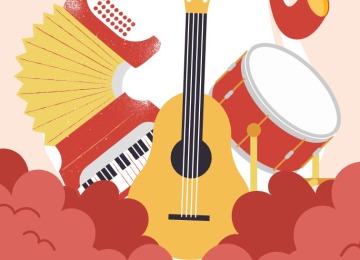 Affiche voor HuiskamerFestival Ommen op zondagmiddag 26-10-2025 met muziekinstrumenten en website.