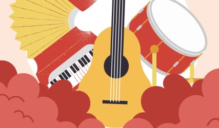 Affiche voor HuiskamerFestival Ommen op zondagmiddag 26-10-2025 met muziekinstrumenten en website.