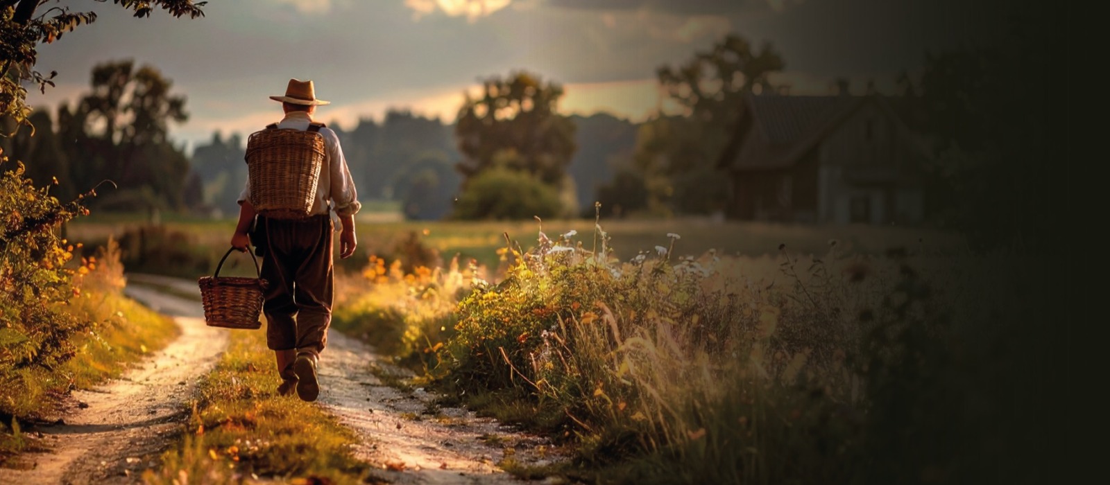 Ouderwetse boer met hoed loopt over landweg met manden, omringd door platteland bij zonsondergang.