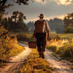Ouderwetse boer met hoed loopt over landweg met manden, omringd door platteland bij zonsondergang.